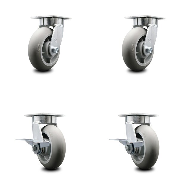 6 Inch Kingpinless Thermoplastic Rubber Wheel Swivel Caster Set with 2 Brakes